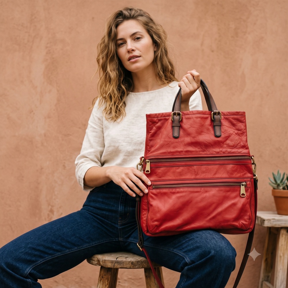 Fossil Red Leather Tote Crossbody Bag with Brown Handles